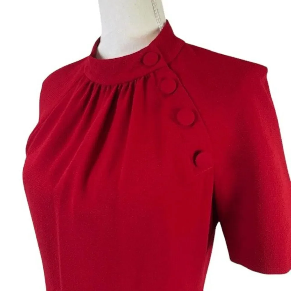 NWOT Badgley Mischka Red Mock Neck Knee Length Dress Pintucks Back Zip Size 4 - Picture 2 of 14